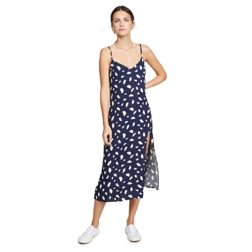 Reformation Crimini Midi Dress Sigmund Blue Splatter Slip Dress Side Slit 8